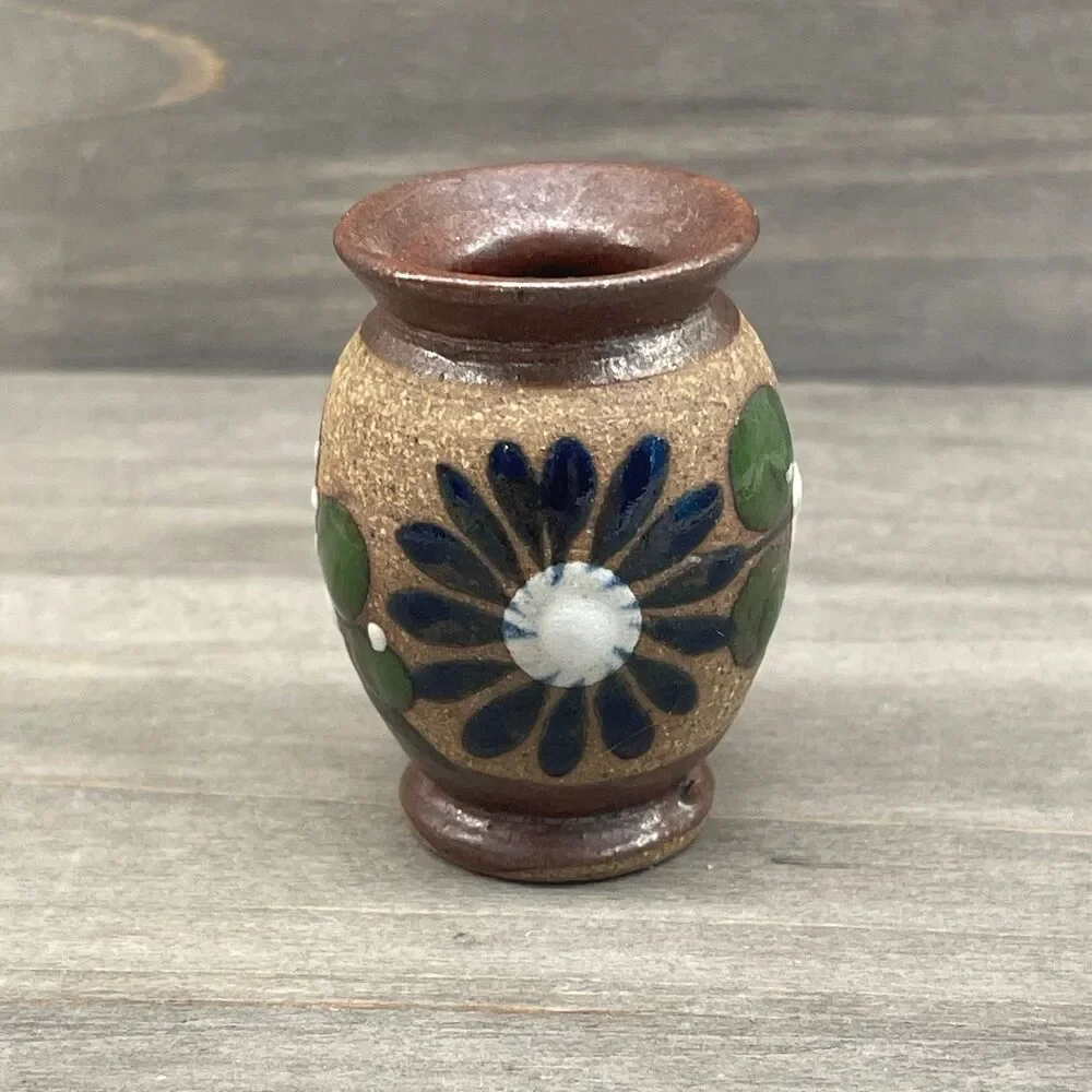 Miniature Hand Painted Mexican Pottery Blue Flower Sandstone Bud Vase Decor